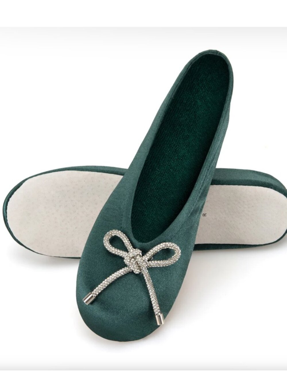 Isotoner Hunter Green Satin Ballerina slippers w/ Rhinestone Bow, sz S/5-6